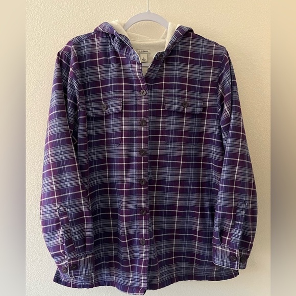 L.L. Bean Purple Plaid Hooded Fleece Lined Button Front Shirt With Pockets Large - Picture 1 of 8